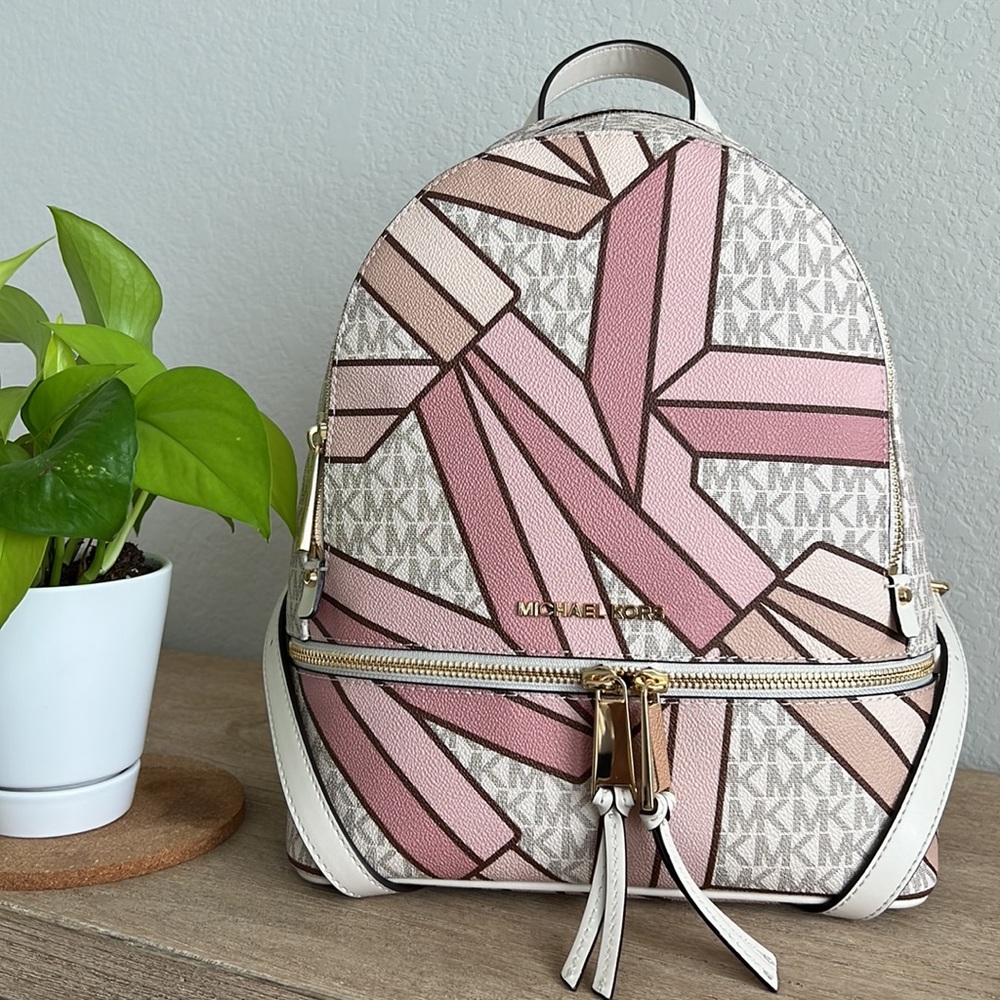 Michael Kors Rhea Signature Logo Zip Medium Backpack - Smokey Rose Multi